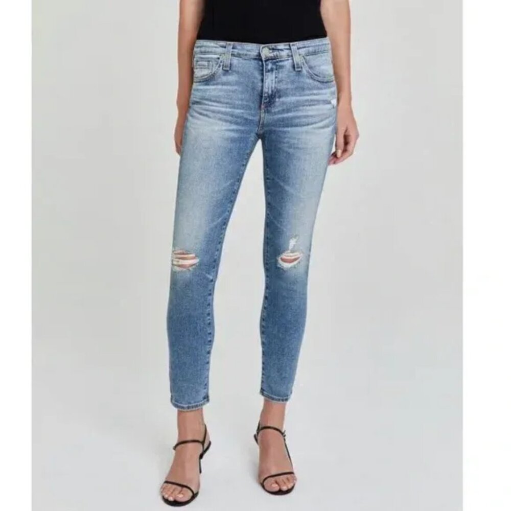 AG The Pima Crop Cigarette Distressed at knees Jeans size 28 Light Denim